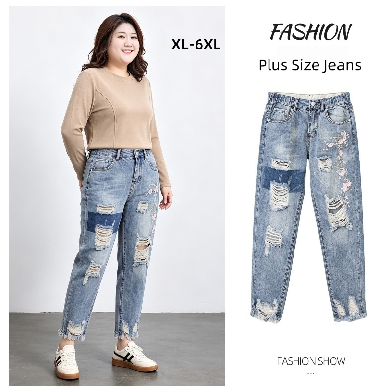 Distressed Jean Rip - جينز نسائي خريفي بمقاسات كبيرة 6XL