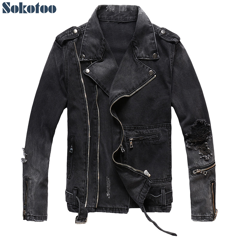 Distressed Jean Rip - Sokotoo-جاكيت جينز راكب الدراجة النارية للرجال