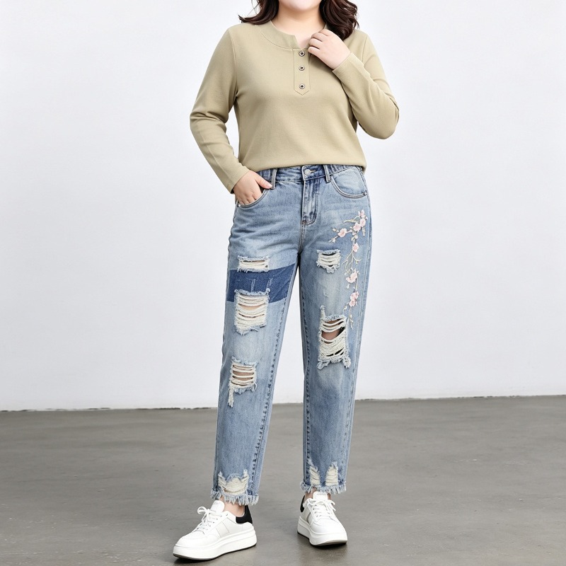 جينز نسائي خريفي بمقاسات كبيرة - مراجعة Distressed Jean Rip وسعره